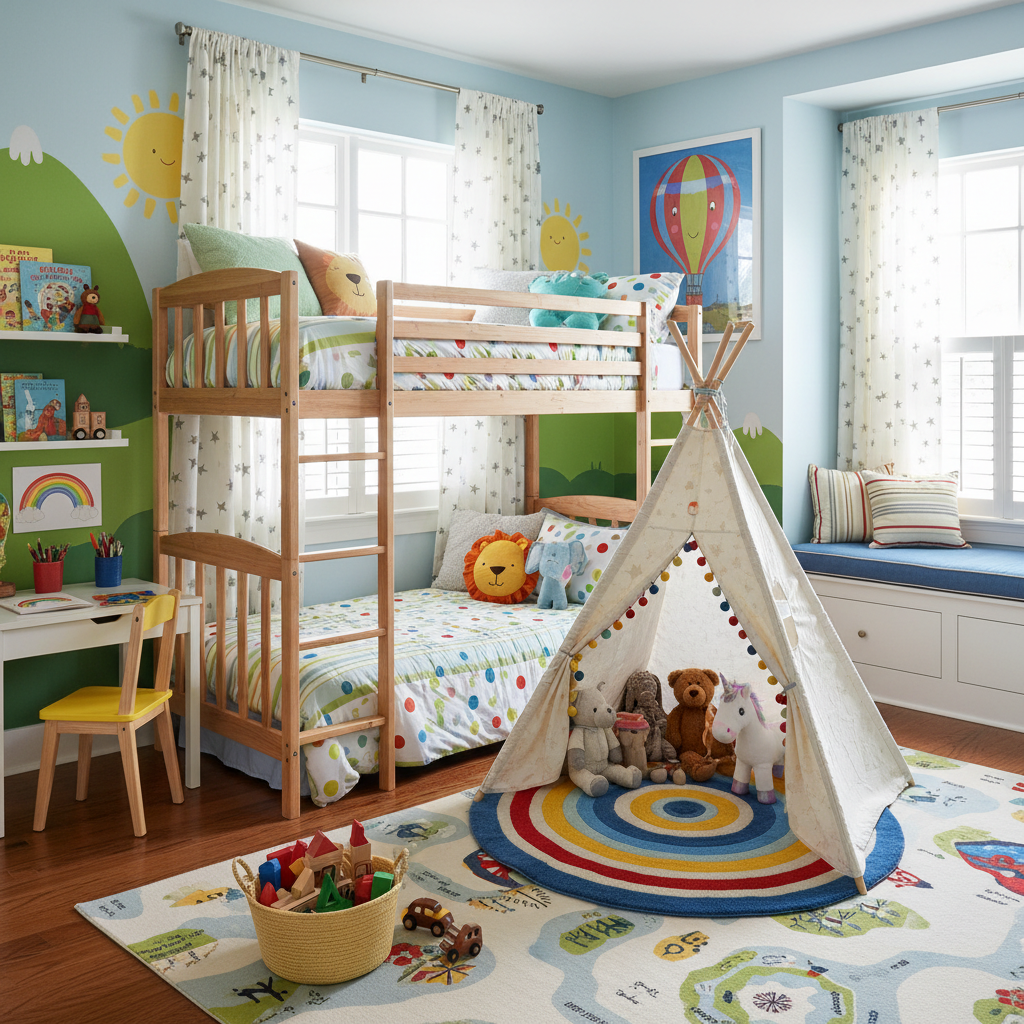 A beautifully staged kids' bedroom with bright colors and inviting decor.