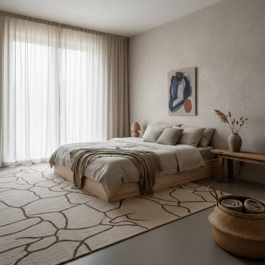A serene wabi-sabi bedroom featuring natural materials and minimalist decor.