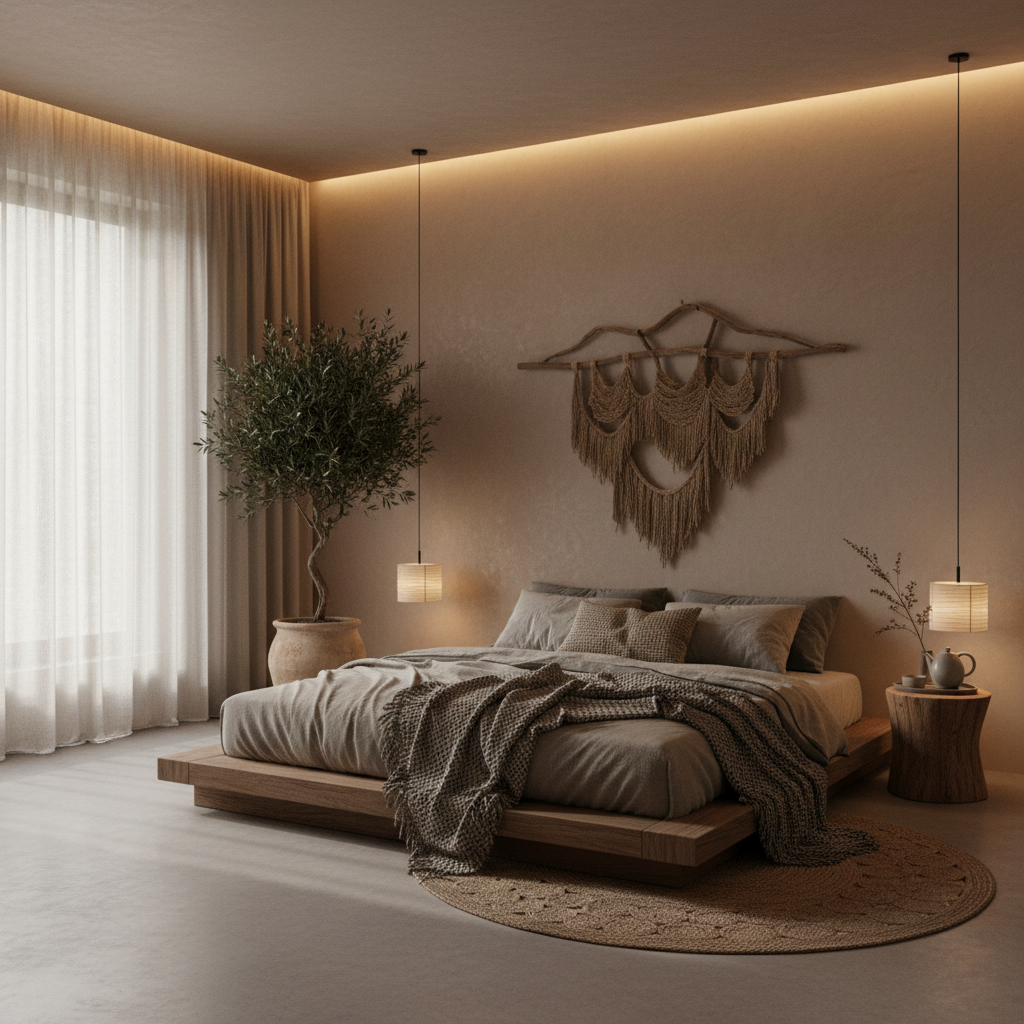 A beautifully designed wabi-sabi bedroom with soft lighting and natural decor elements.