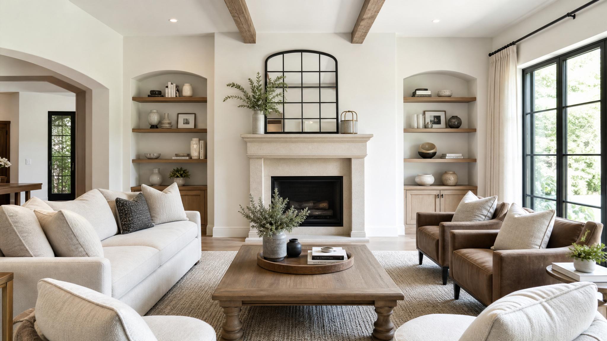 Transitional living room layout example with neutral color palette