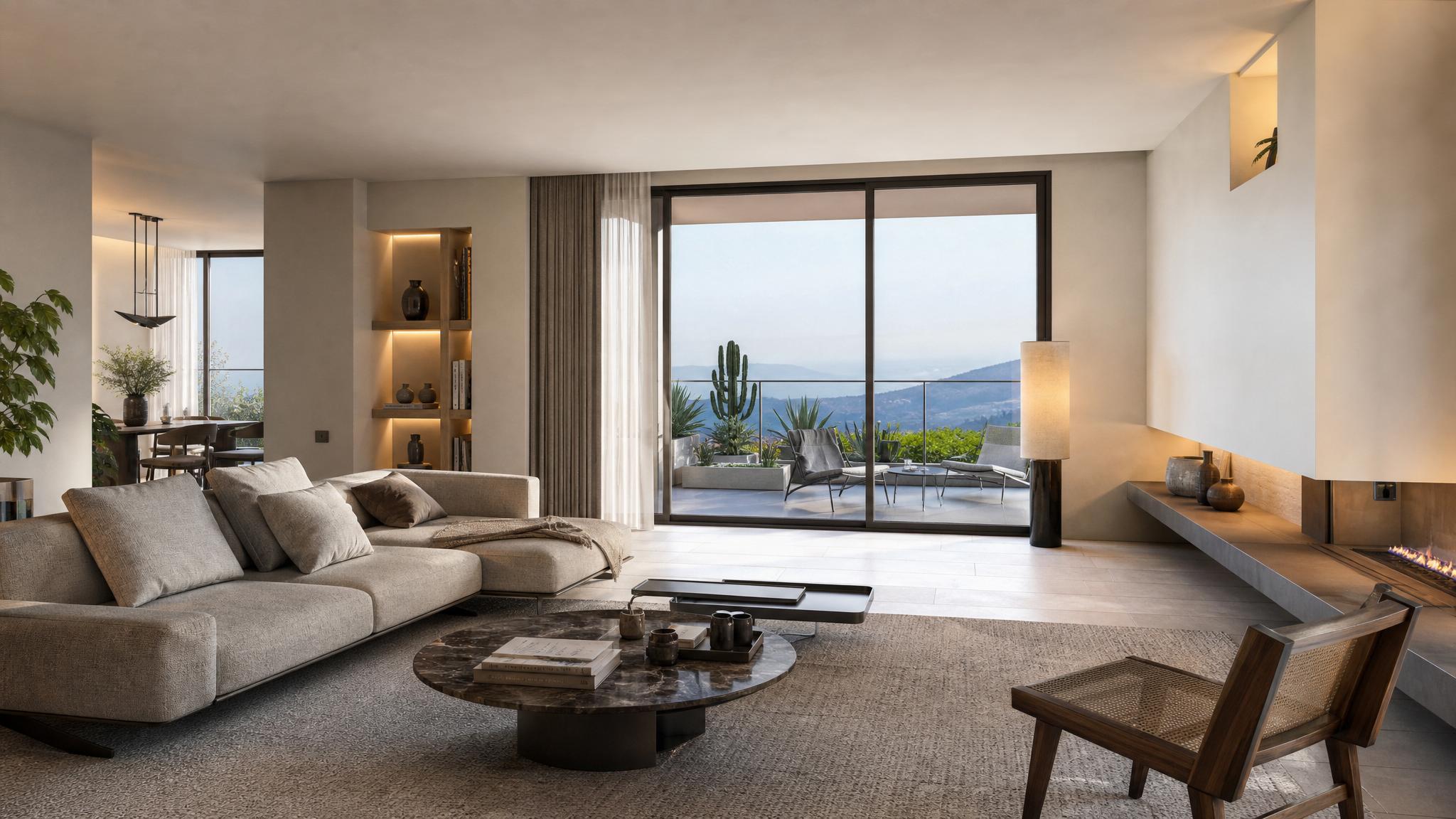 Image of an Italian modern living room with neutral colors