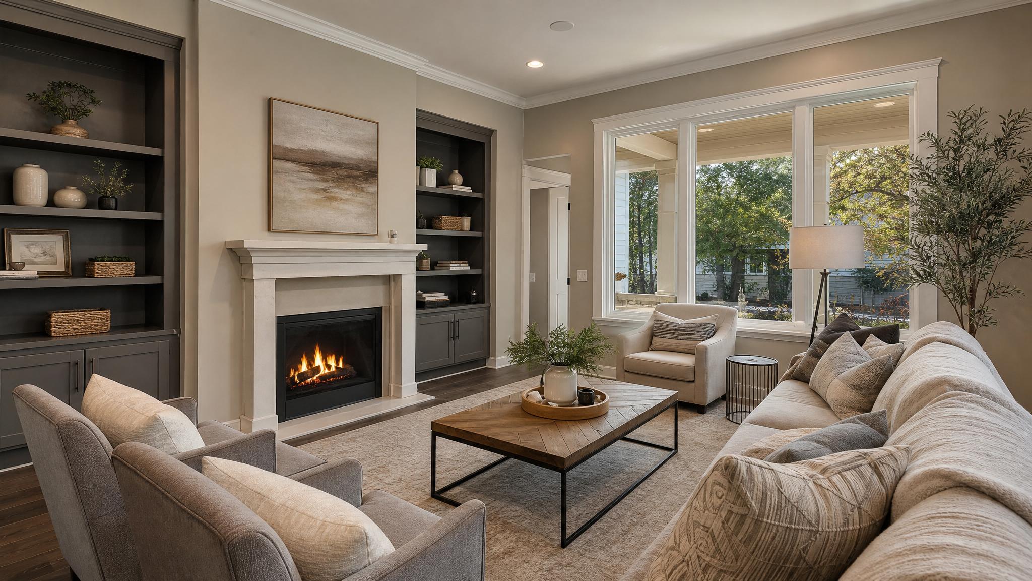 Image of warm taupe and soft grey living room design