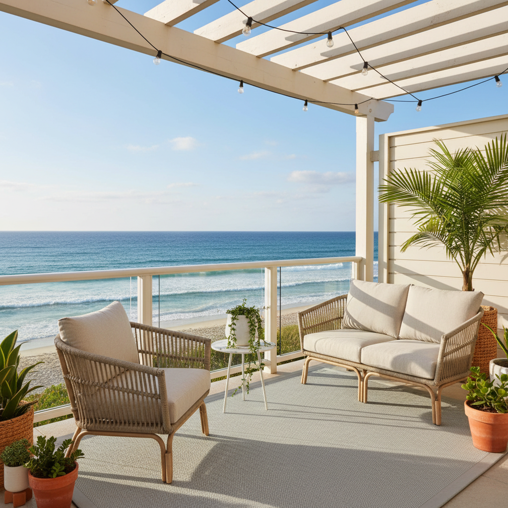 A stylish coastal balcony with ocean view, decorated with plants and light furniture.