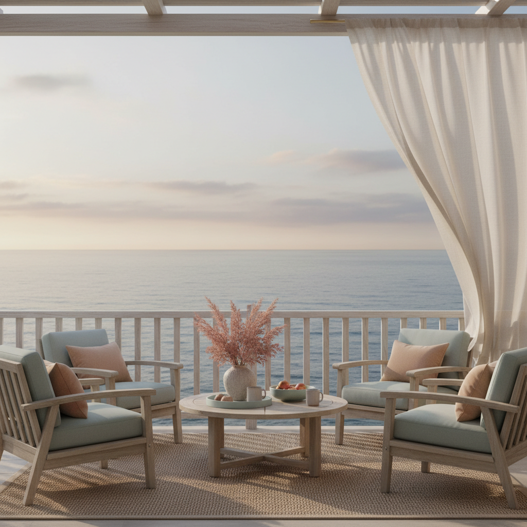 Color palette inspiration for coastal balcony: soft pastels and earthy tones.