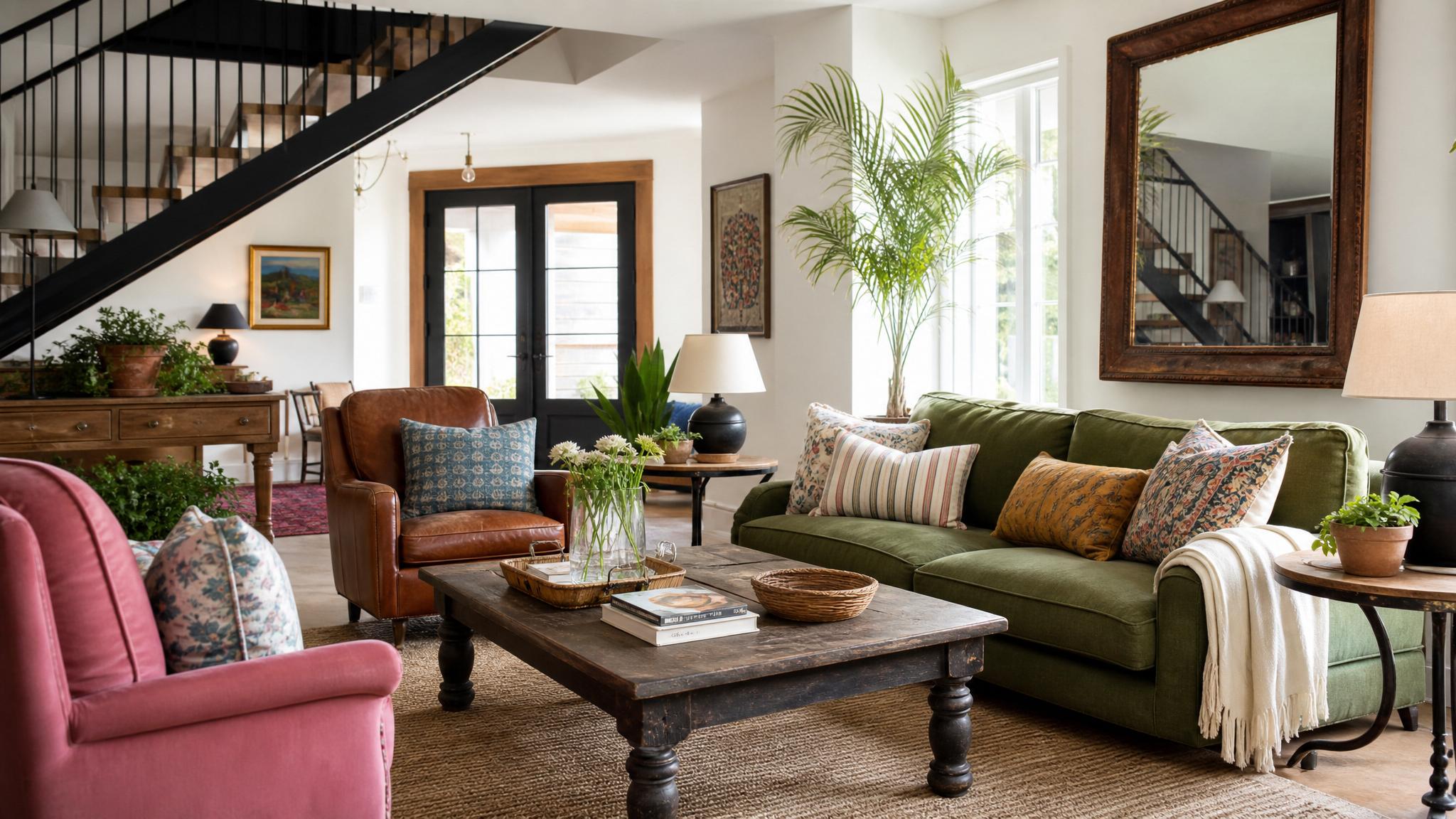 Various eclectic living room setups showcasing colorful furniture and mixed styles