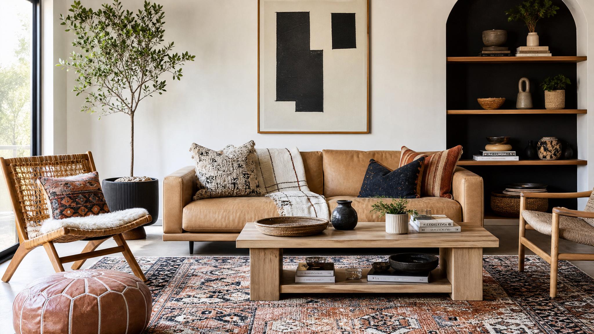 Textures in an eclectic living room - pillows, rugs, and wall art