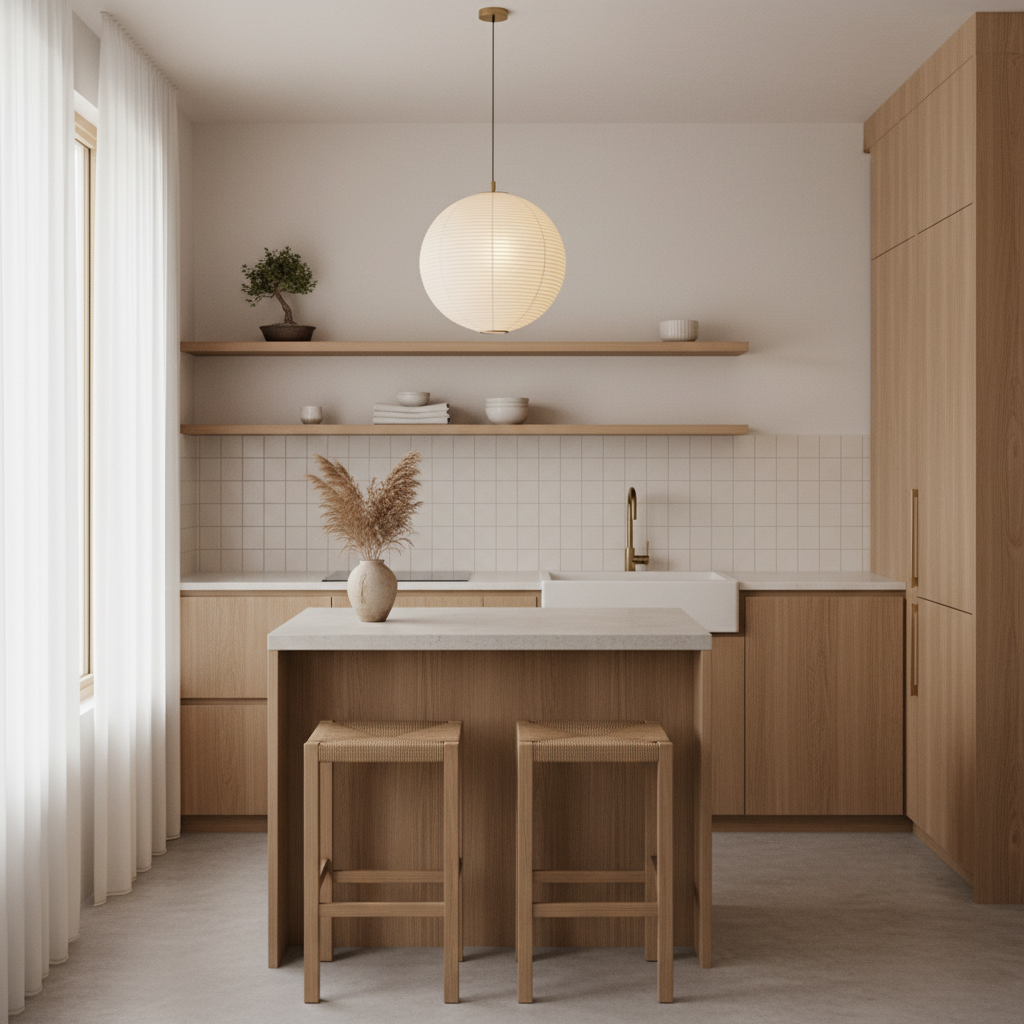 A small kitchen featuring Japandi design, showcasing minimalistic elements and natural materials.