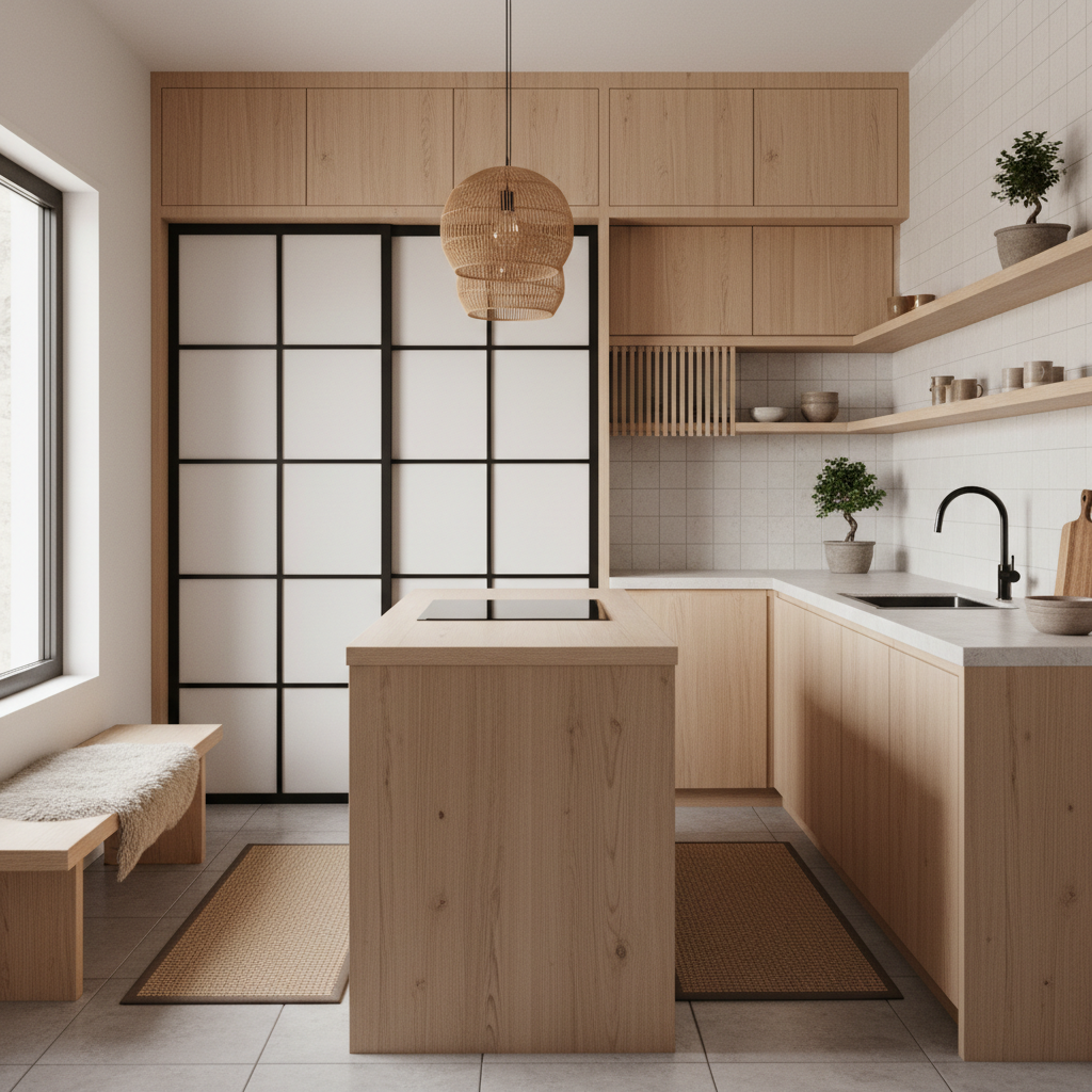 A visual representation of AI-generated prompts for a small Japandi kitchen design.