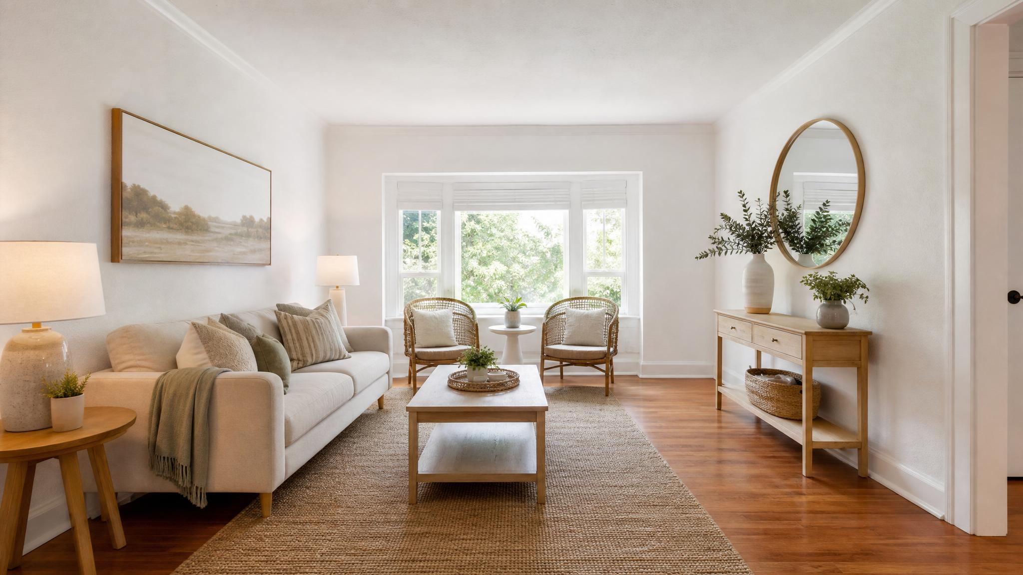During image of the small living room transformation showing lighter colors and new furniture.