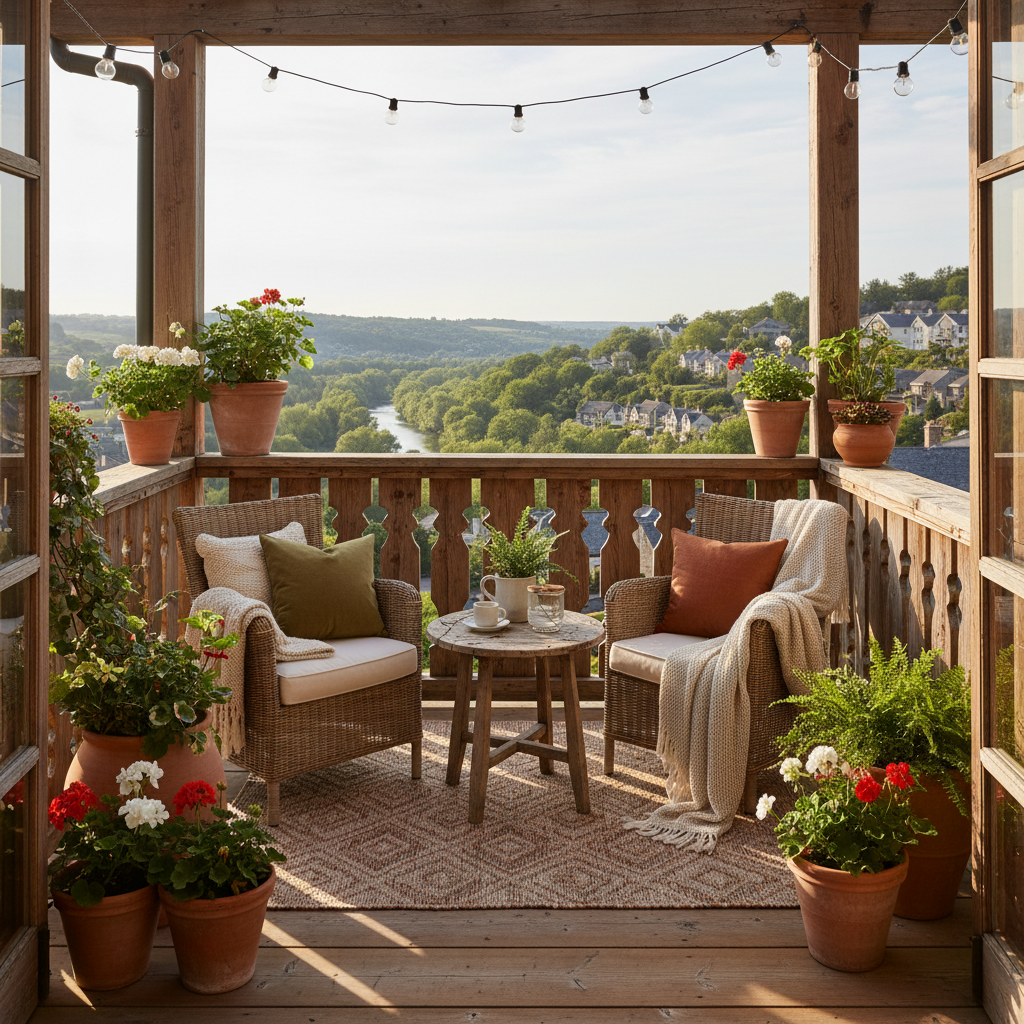 A beautiful rustic balcony with wooden railings, potted plants, and cozy seating.