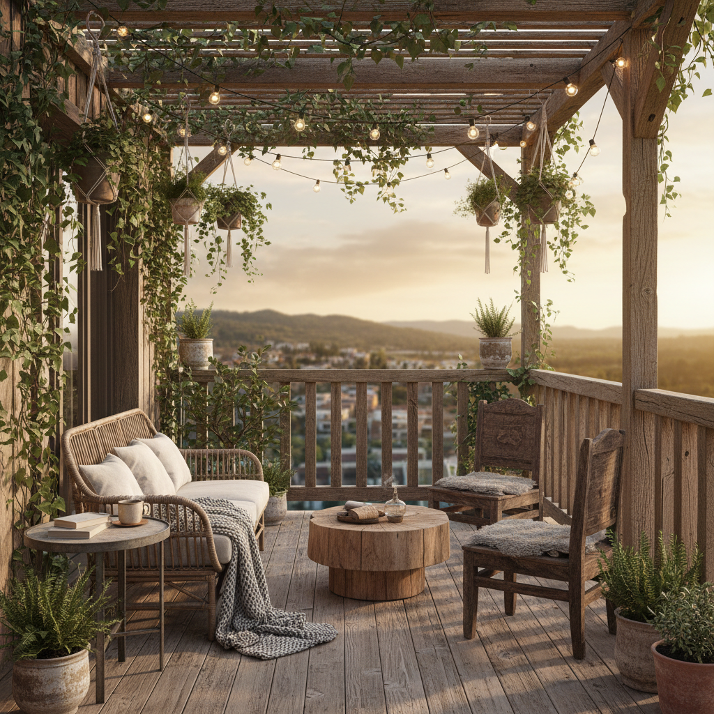 A rustic balcony adorned with lush greenery and charming furniture.