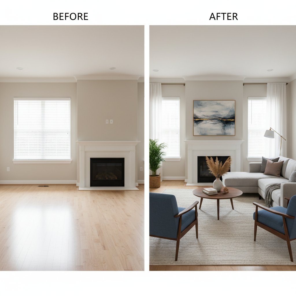 Before and after images of a virtually staged living room