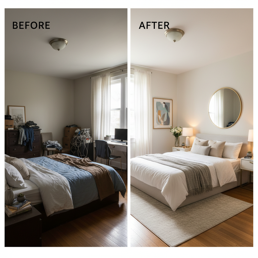 Before-and-after staging images of a bedroom