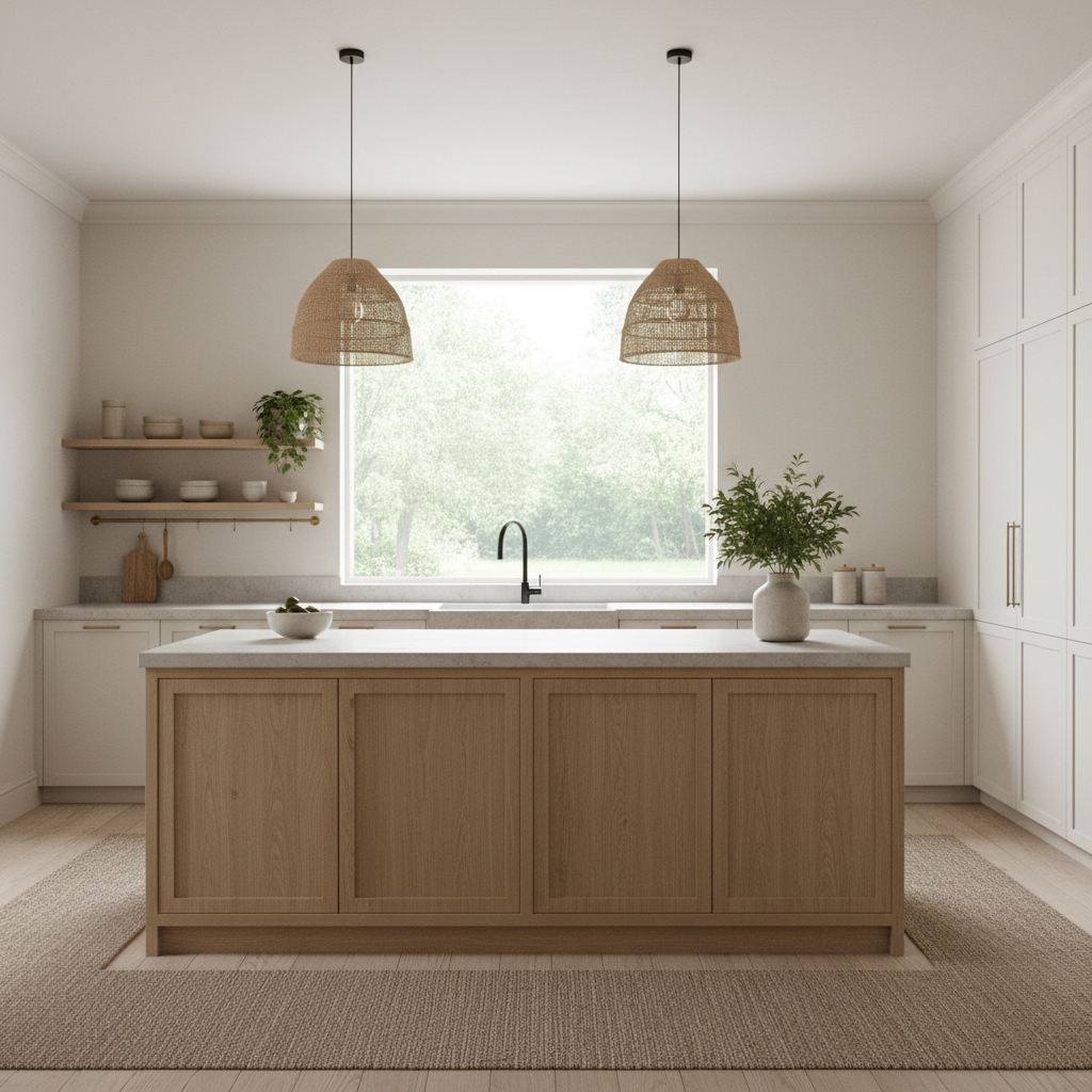 Image of a Japandi-style kitchen showcasing minimalist design and natural materials.