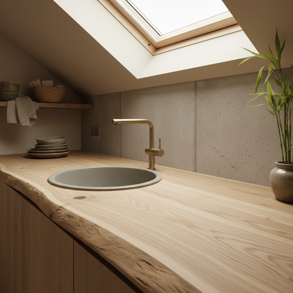 Image of a close-up view of natural materials used in Japandi kitchens.