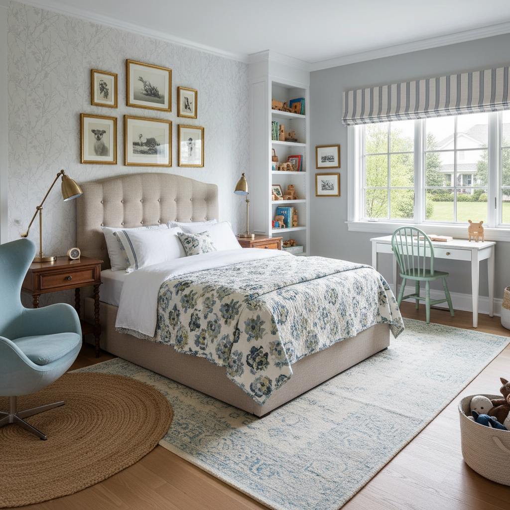 Transitional kids bedroom with a mix of contemporary and classic furnishings.