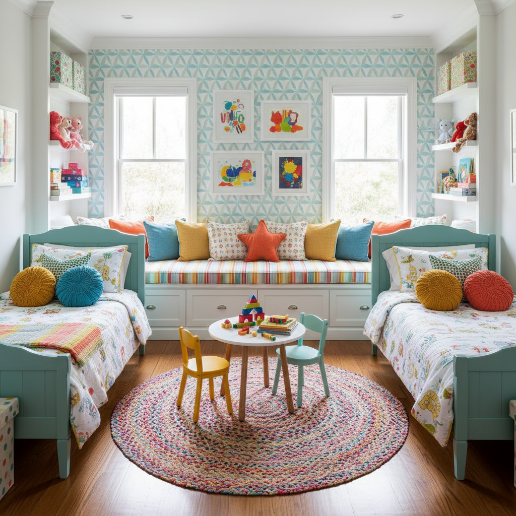 Colorful accessories in a transitional kids bedroom.