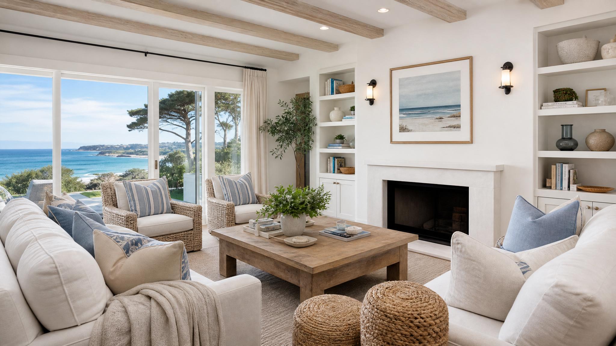 Bright coastal living room with natural light and sea-inspired decor