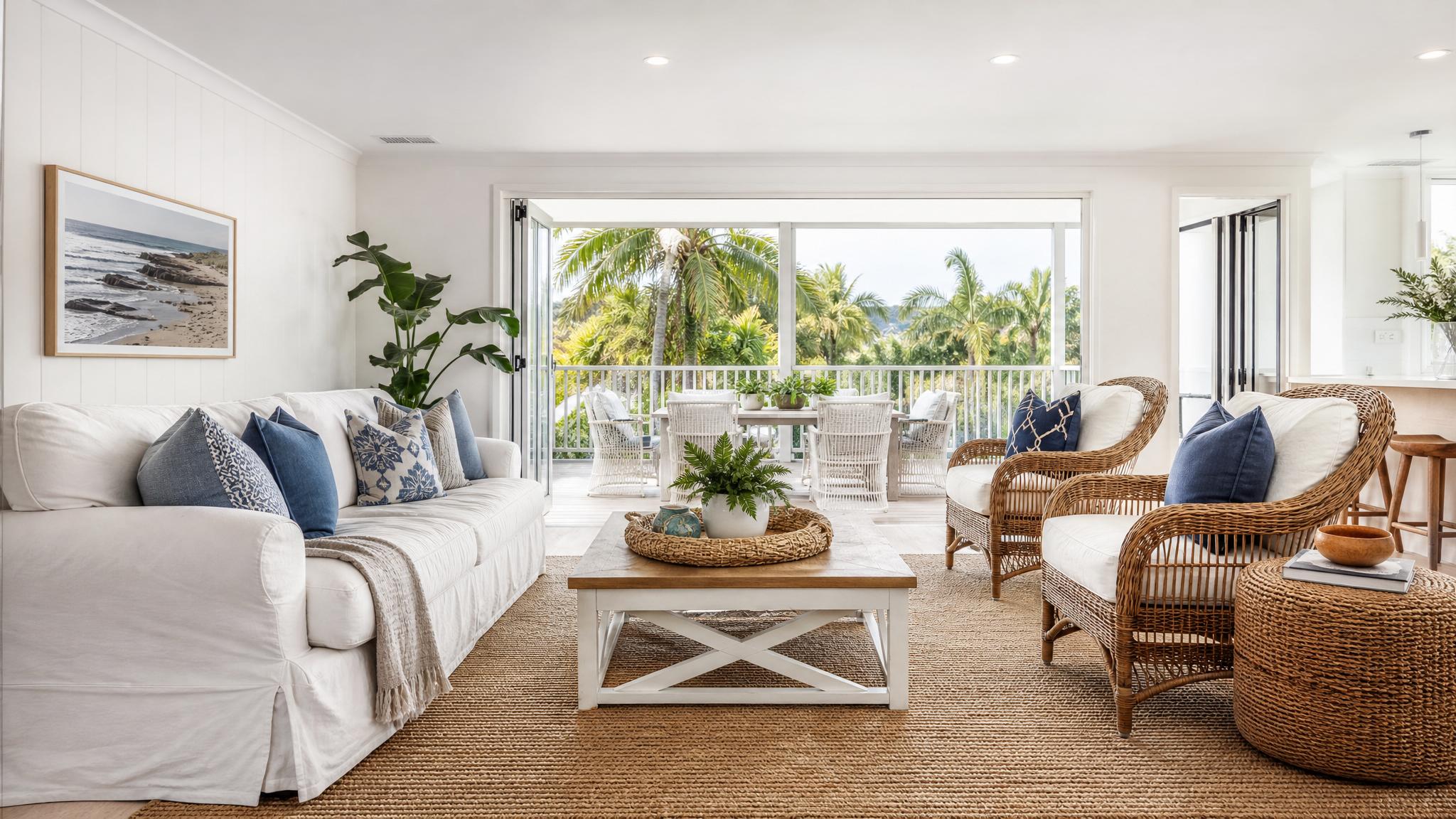 Coastal style furniture in a bright living room setting