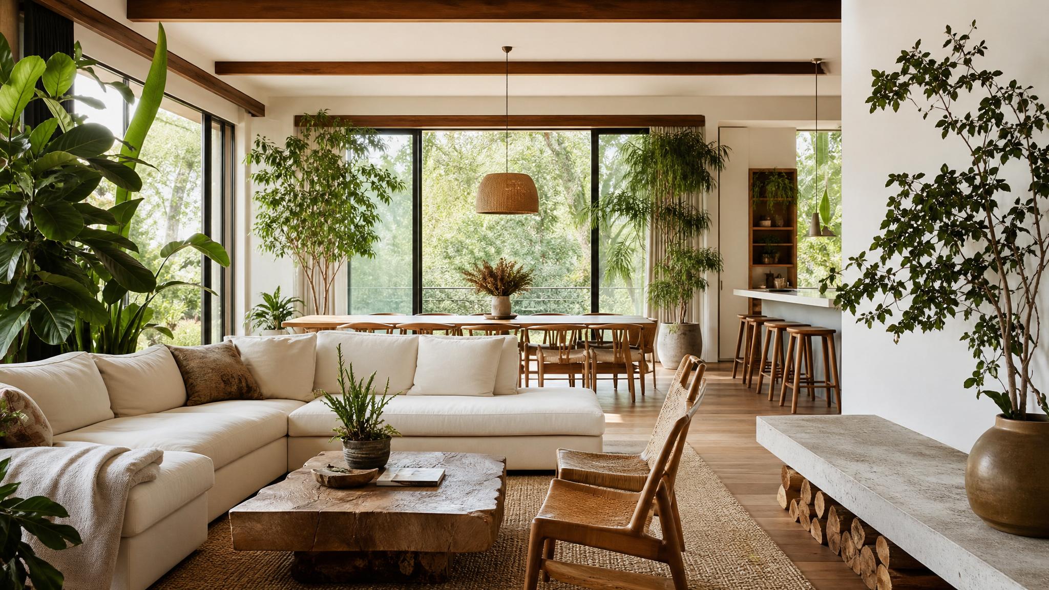 Image of a beautifully designed biophilic open-plan living room with lots of greenery and natural light.