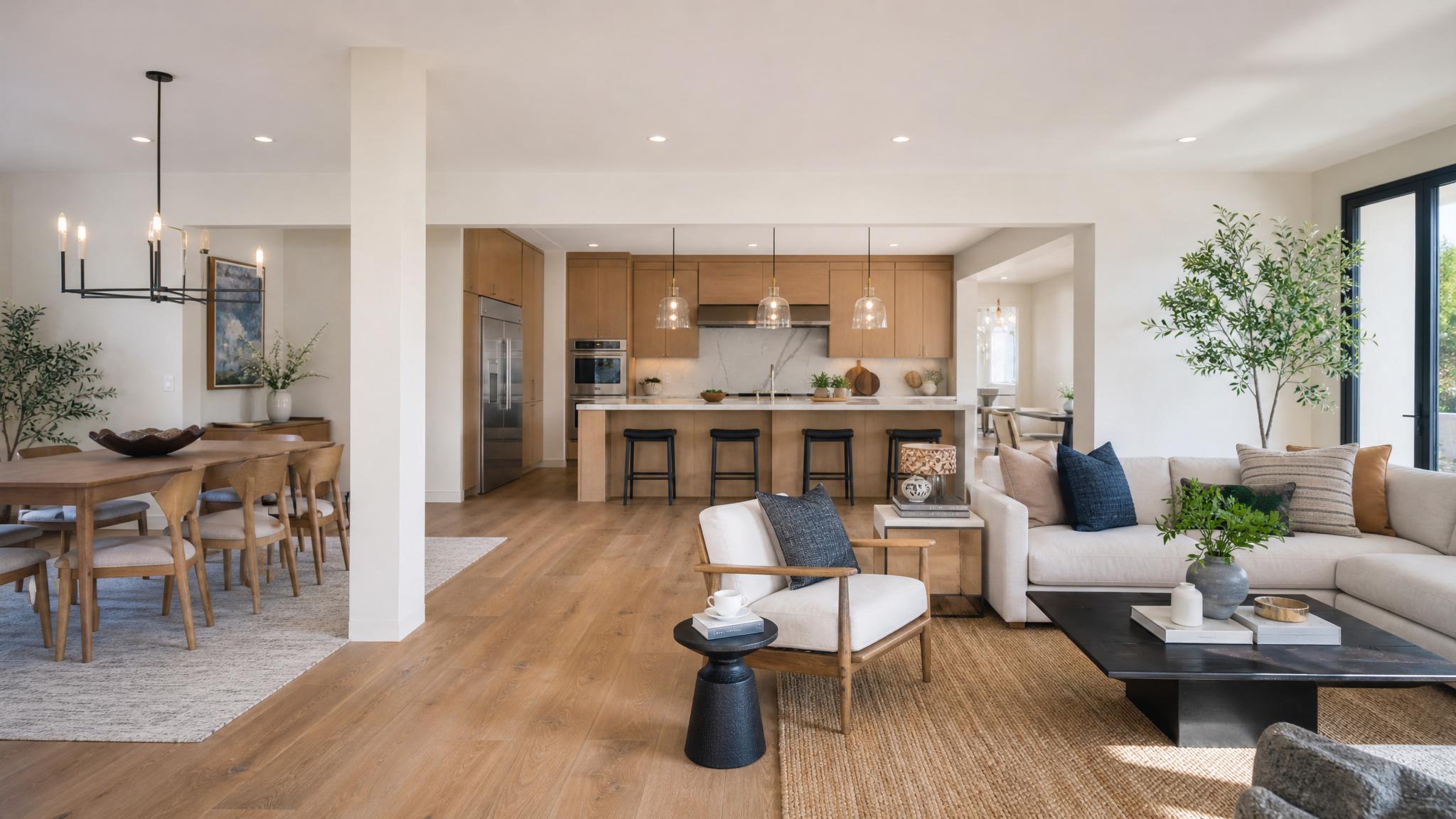 Image of a well-defined zoning layout in an open-plan living room.