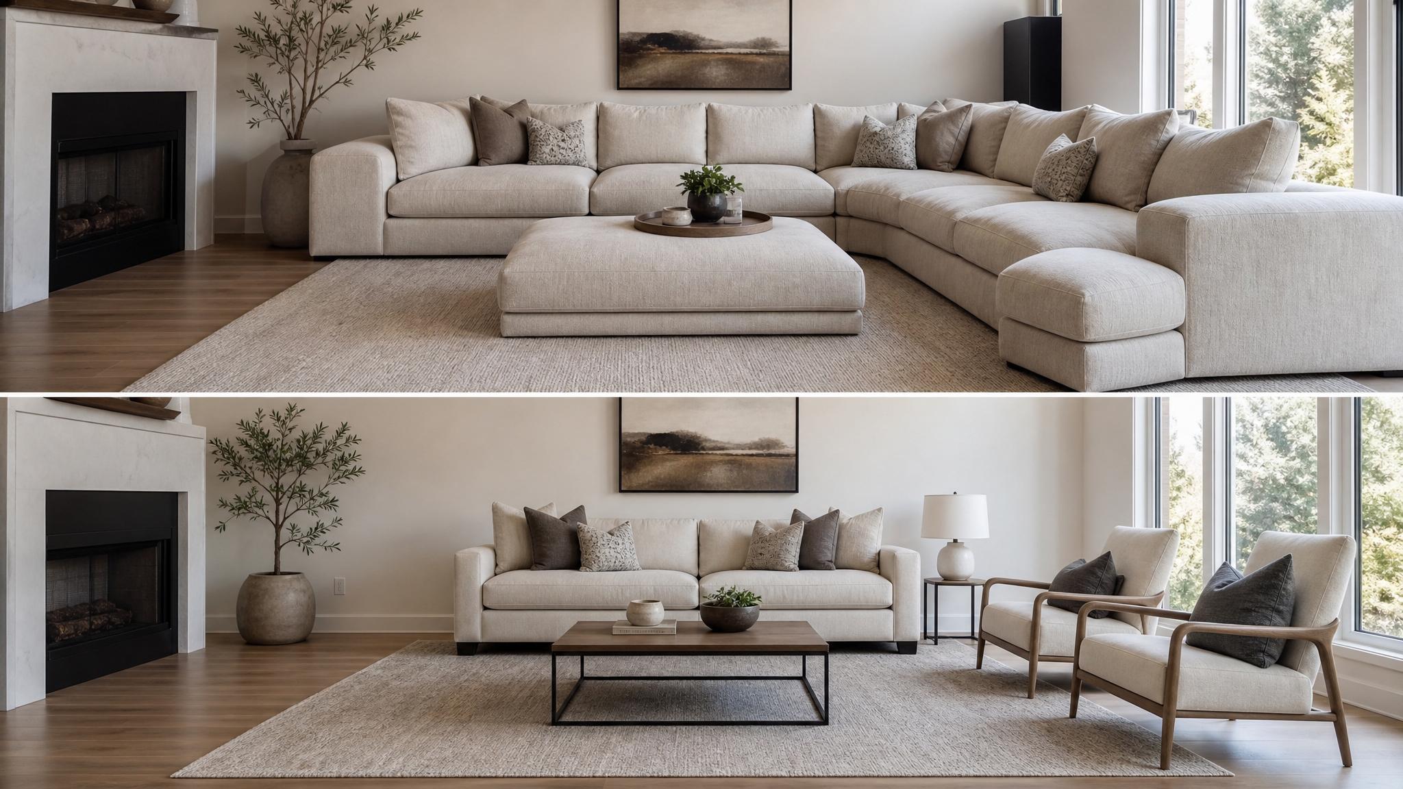 A comparison of oversized and appropriately sized furniture in living spaces.