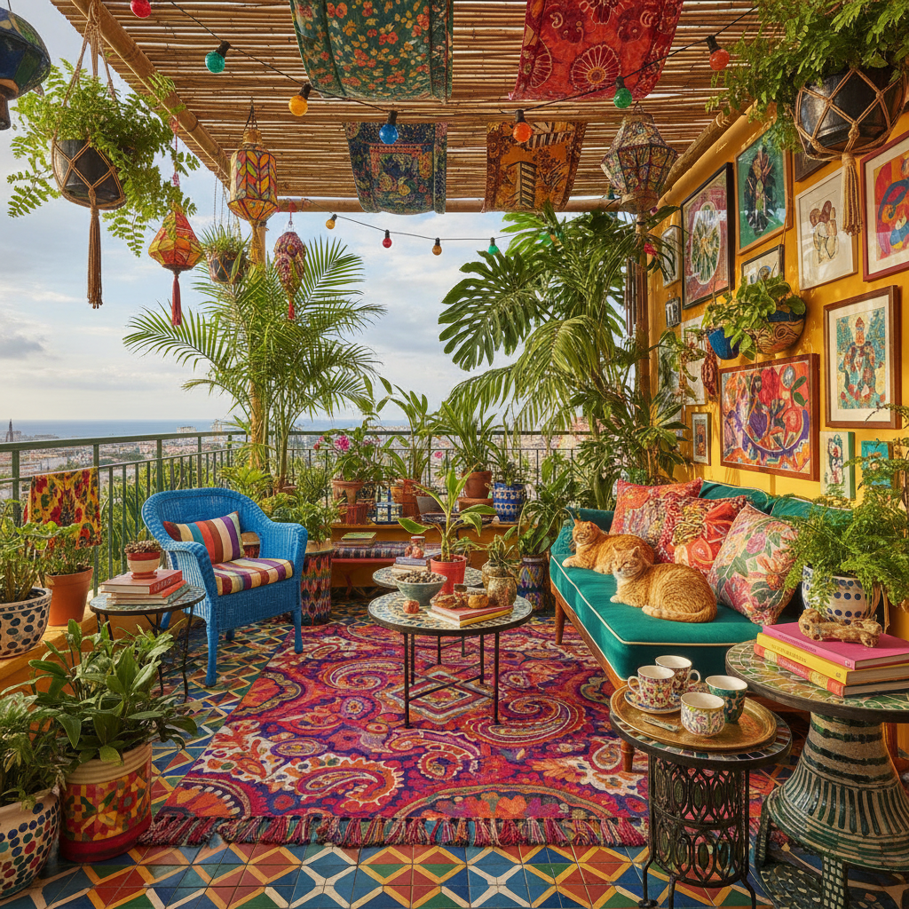 A vibrant and eclectic balcony showcasing maximalist design with bold colors and patterns.