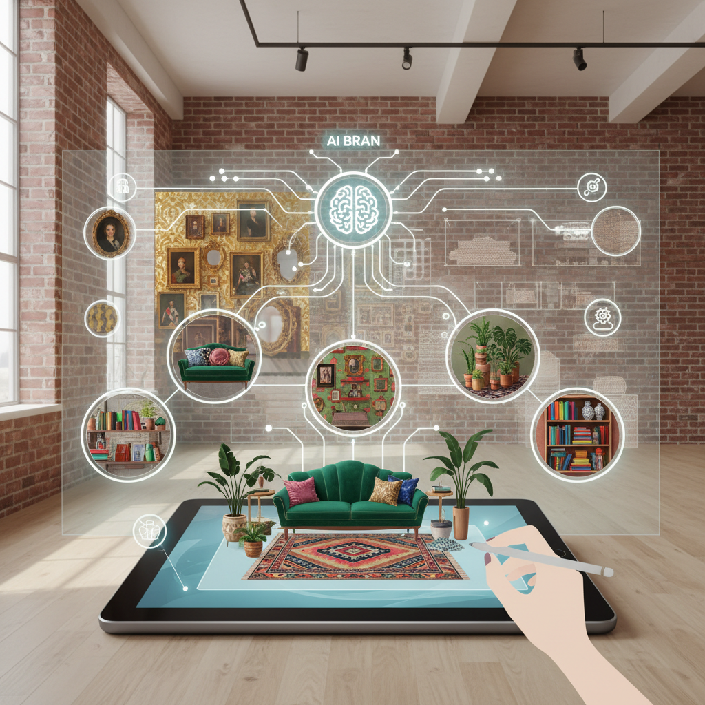 An illustration of the AI design process with various maximalist elements being suggested.