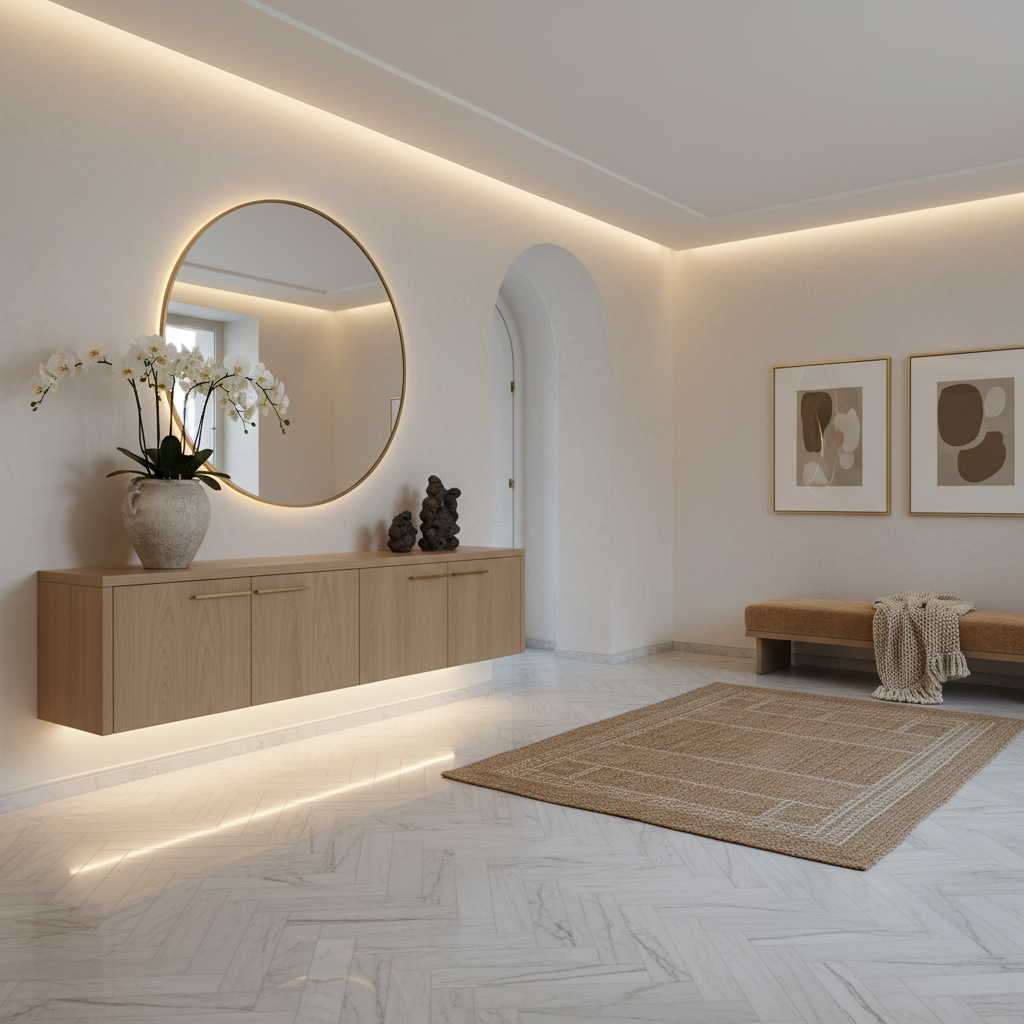 Image of a beautifully designed quiet luxury entryway featuring elegant decor.