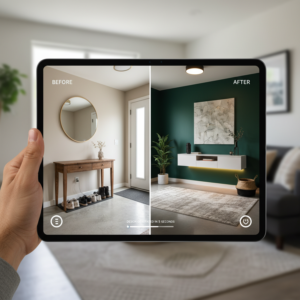 Preview of AI interior design software showcasing a quick entryway design transformation.