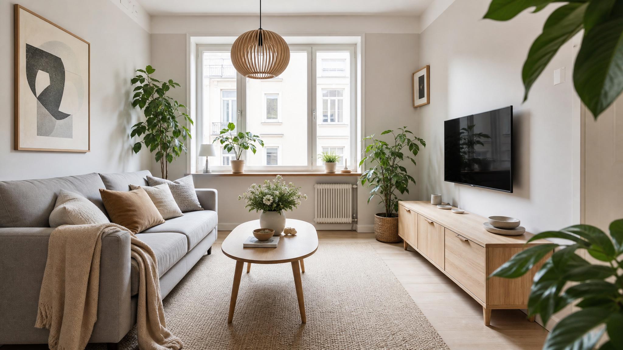 A visually appealing Scandinavian small living room with minimalistic furniture.