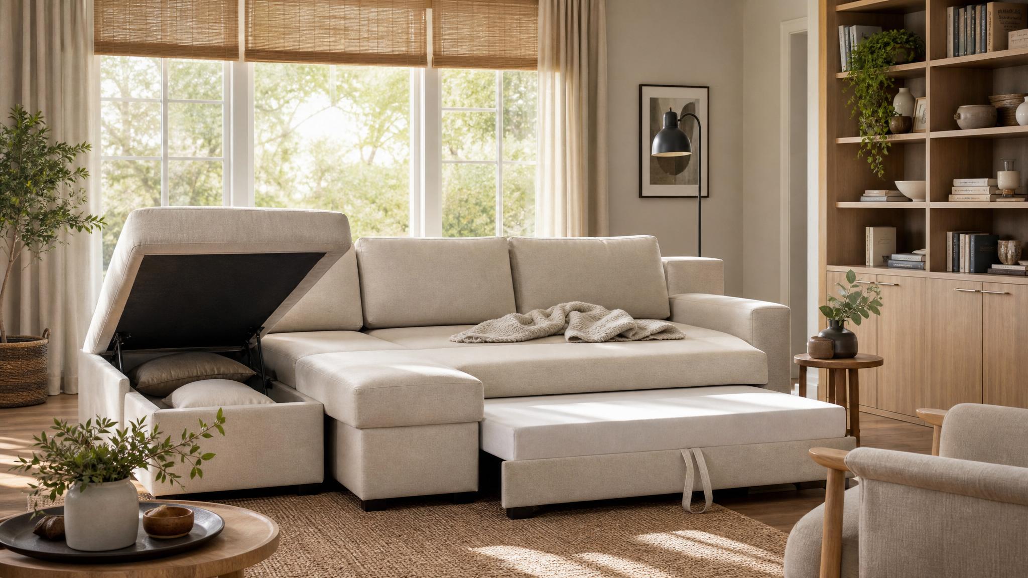 Multi-functional Scandinavian furniture in a cozy living room setting.