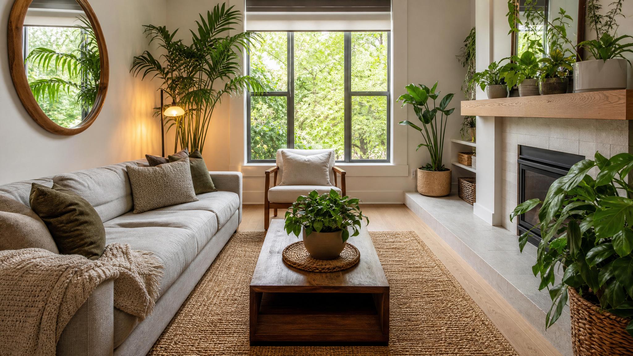 A small living room with natural light and potted plants, showcasing biophilic design elements.