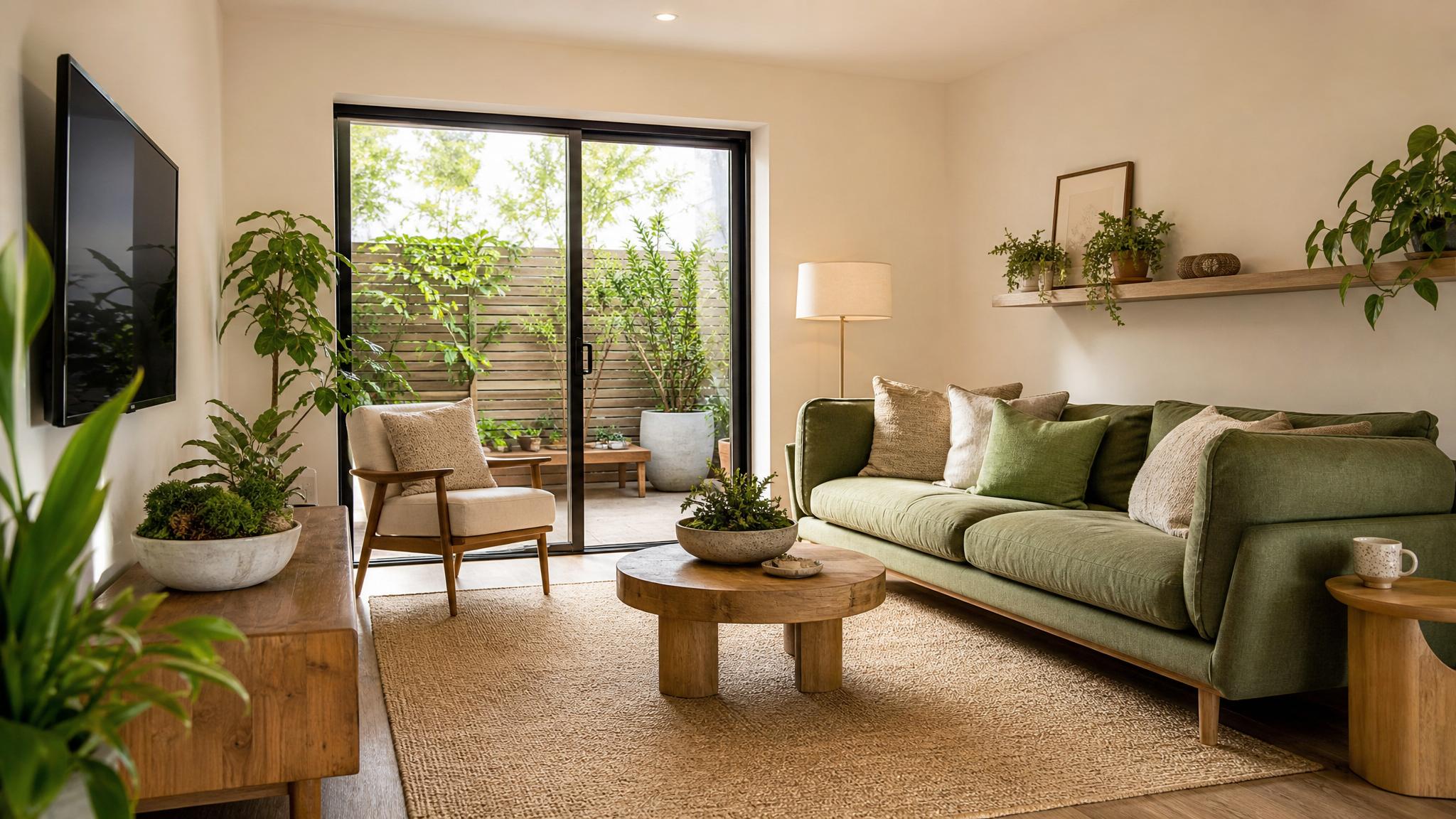 An AI-generated small living room design with plants, organic materials, and nature-inspired colors.