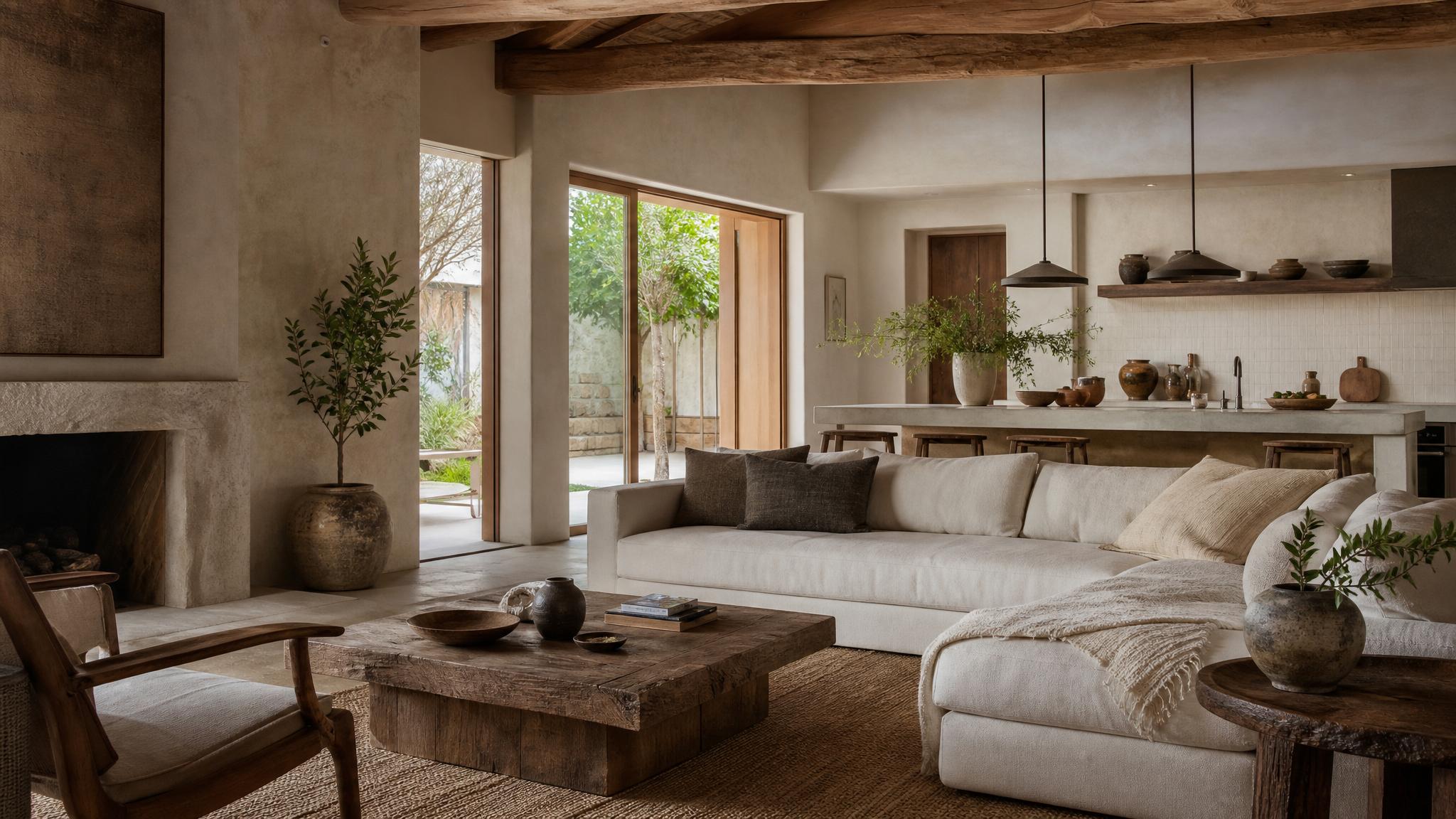 A cozy open-plan living room with wabi-sabi elements.