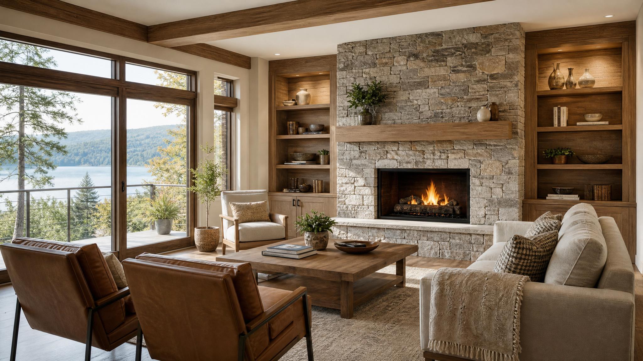 Natural materials such as wood and stone in a living room.