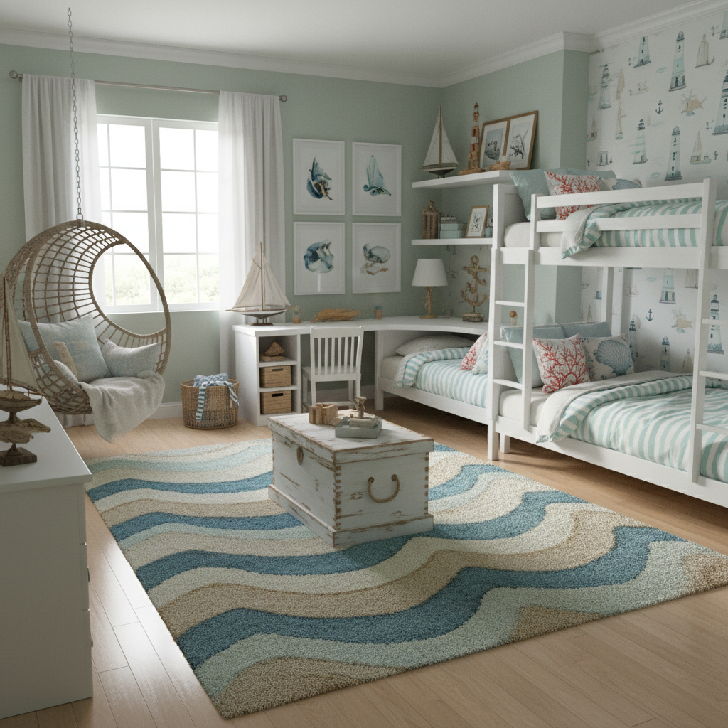 3D model rendering of a coastal theme kids bedroom.