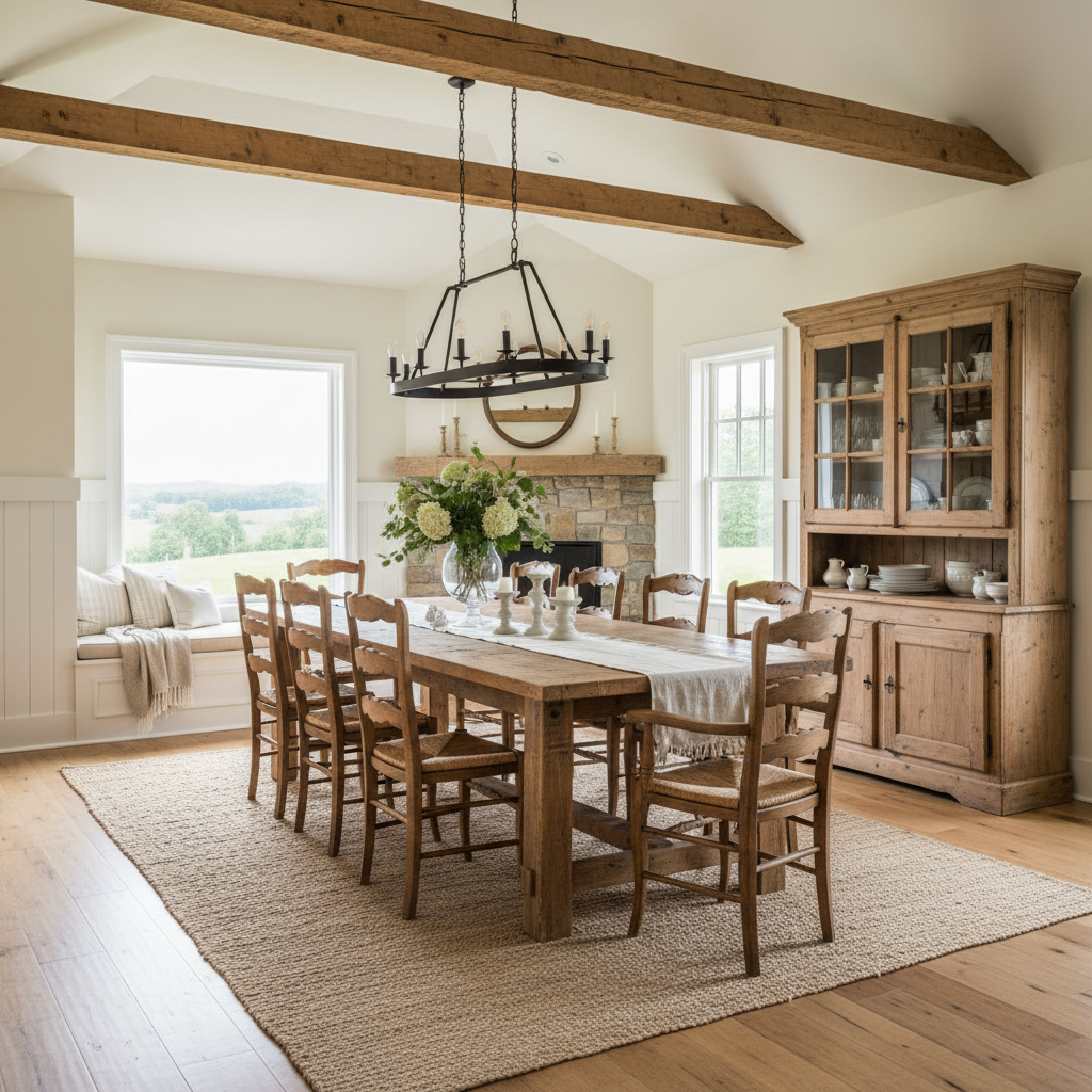 Rustic farmhouse dining room with wooden table and chairs