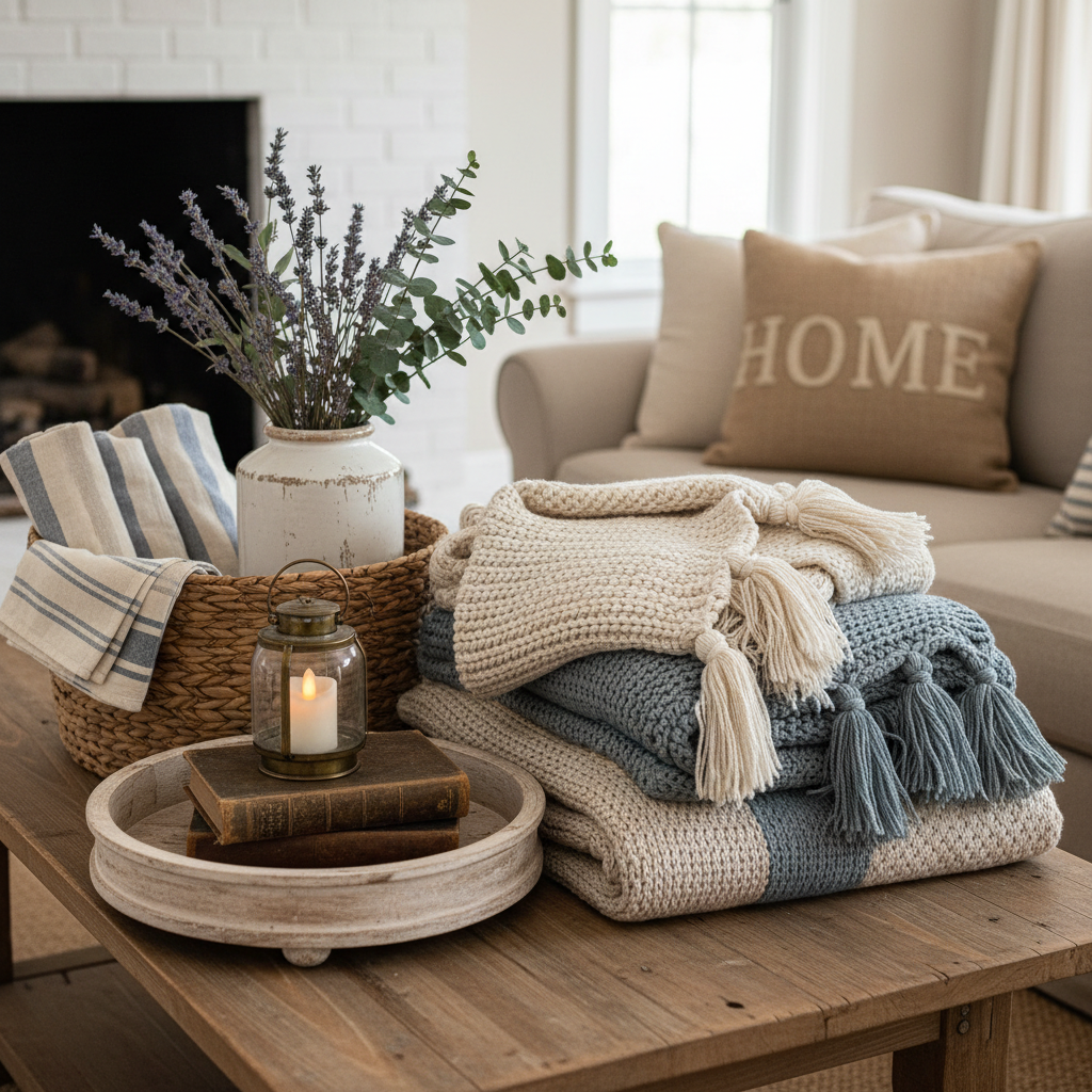 Close-up of farmhouse textiles and decor elements