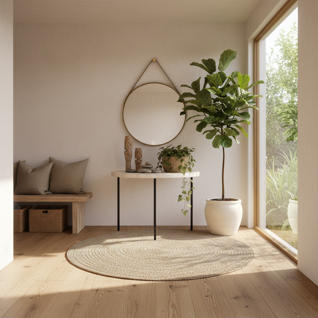 A serene entryway with plants and natural materials.