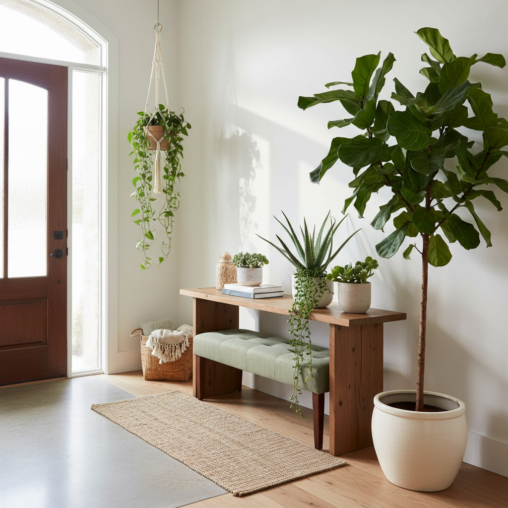 Examples of plants and natural light in an entryway design.