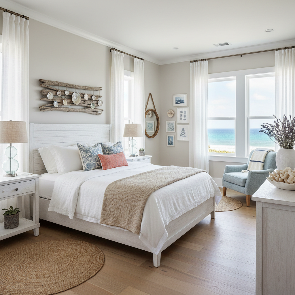 Coastal themed guest bedroom with beach-inspired decor.