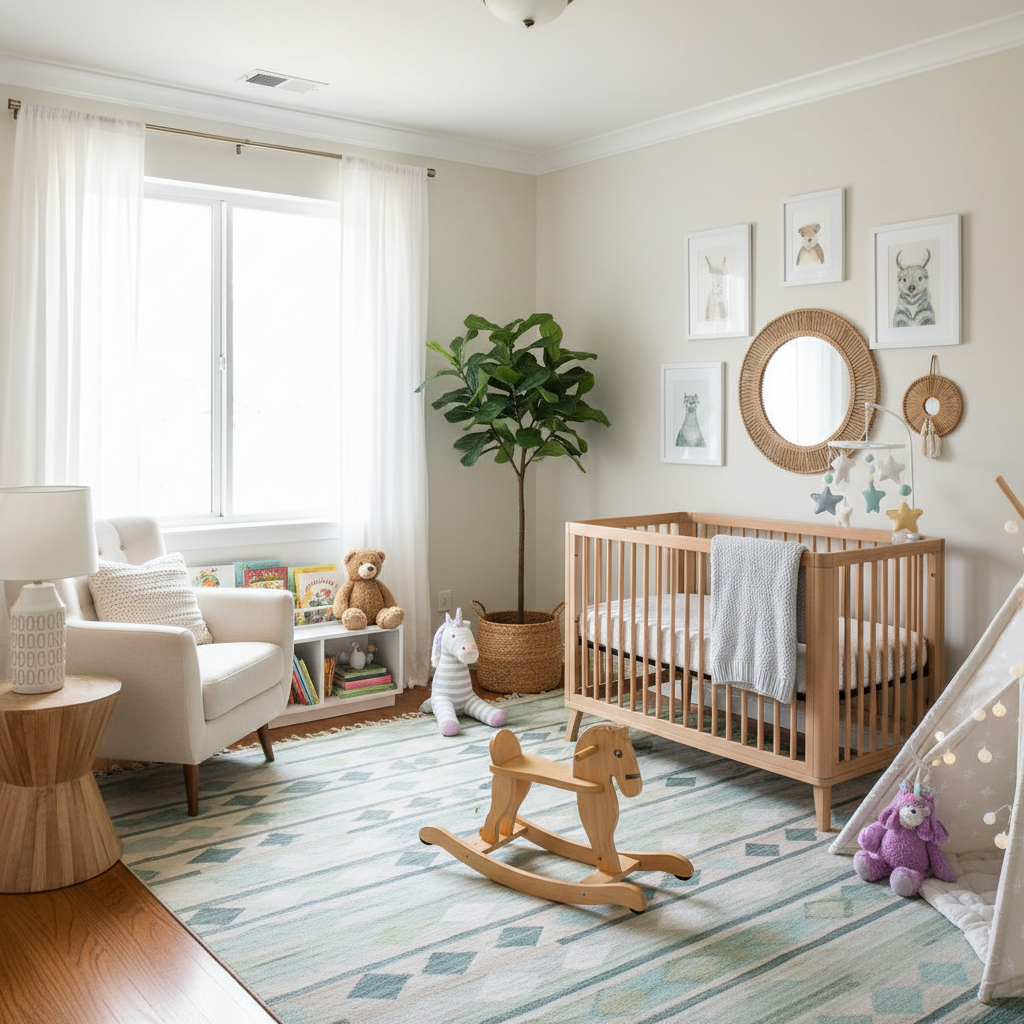 Brightly lit, beautifully staged nursery with a crib and playful decor.