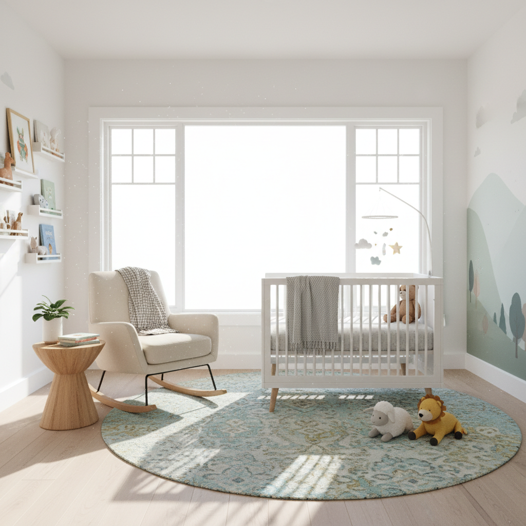 Sunny nursery with large windows showing bright natural light.