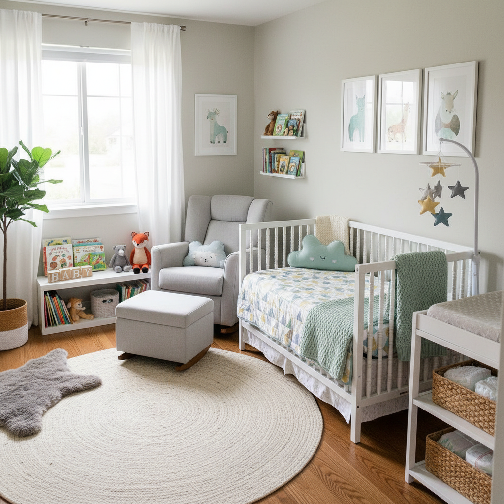 Staged nursery with soft textiles, charming decor, and family-friendly layout.