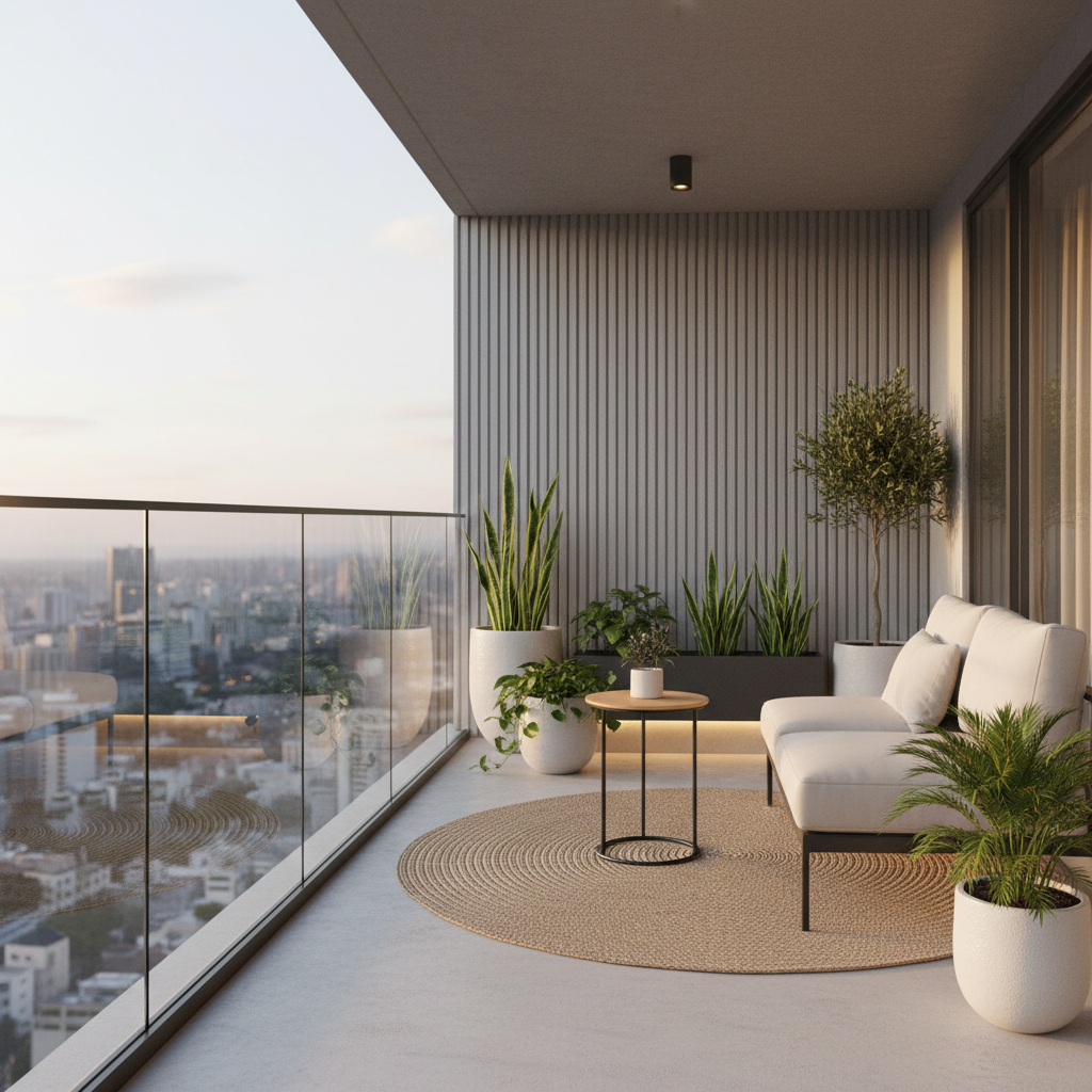 A beautifully designed minimalist balcony with plants and a sleek seating arrangement.