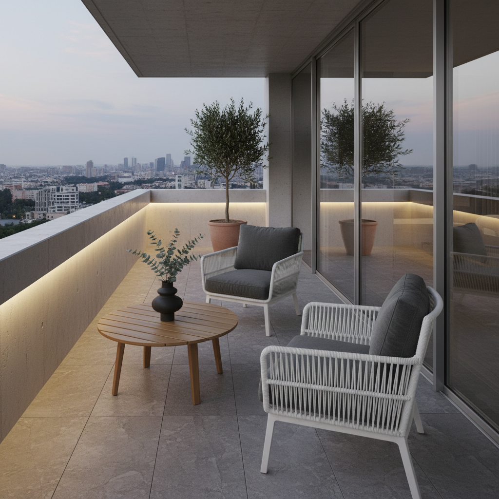 Close-up of minimalist balcony furniture that complements the overall design.