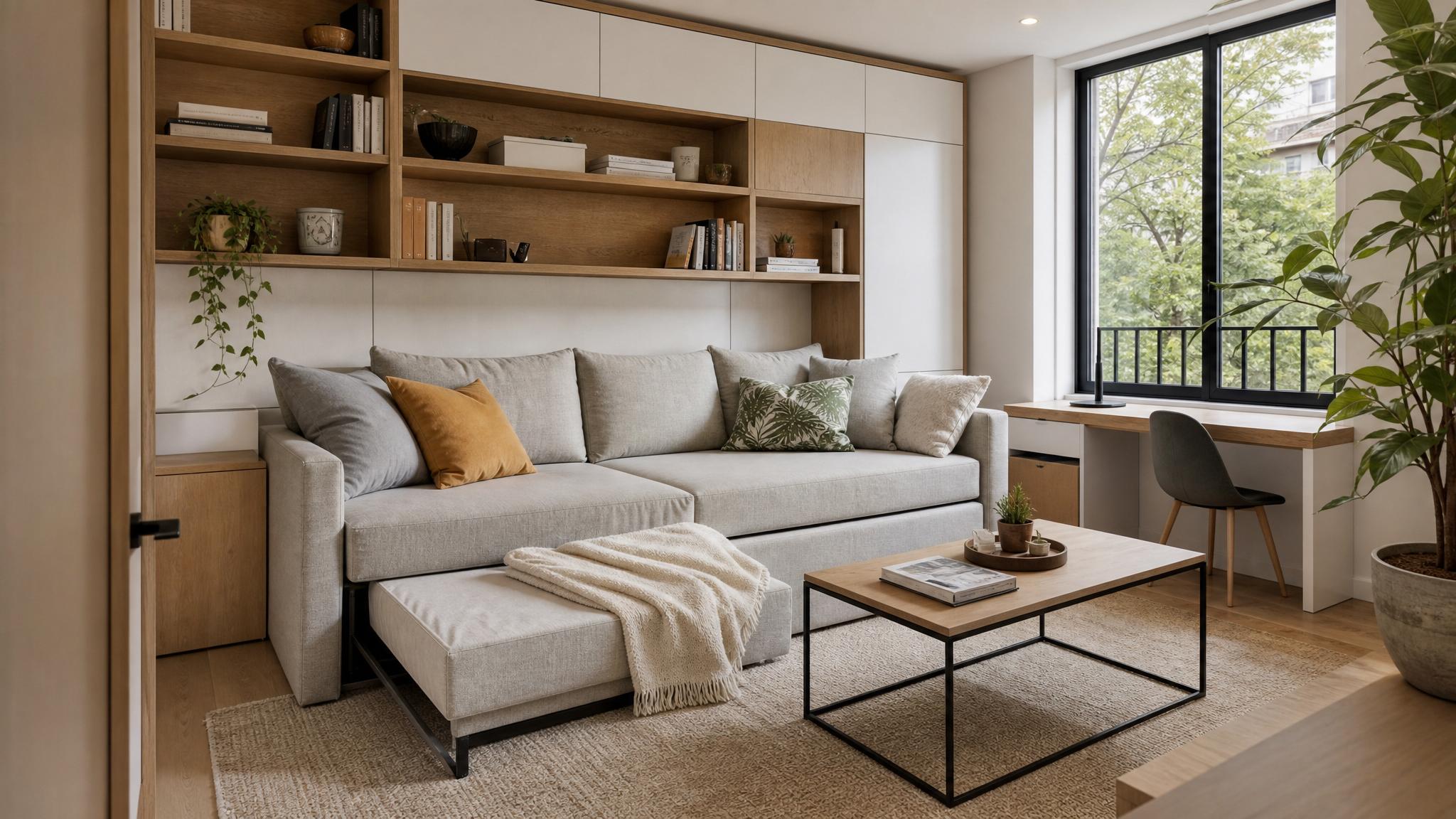 A cozy small living room featuring a multifunctional sofa and integrated shelving.