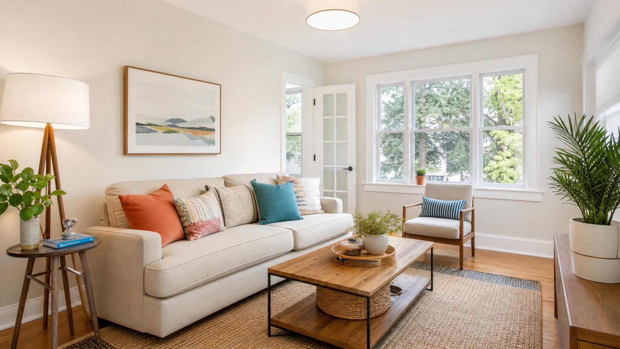 A small living room with a light color palette and colorful accents.