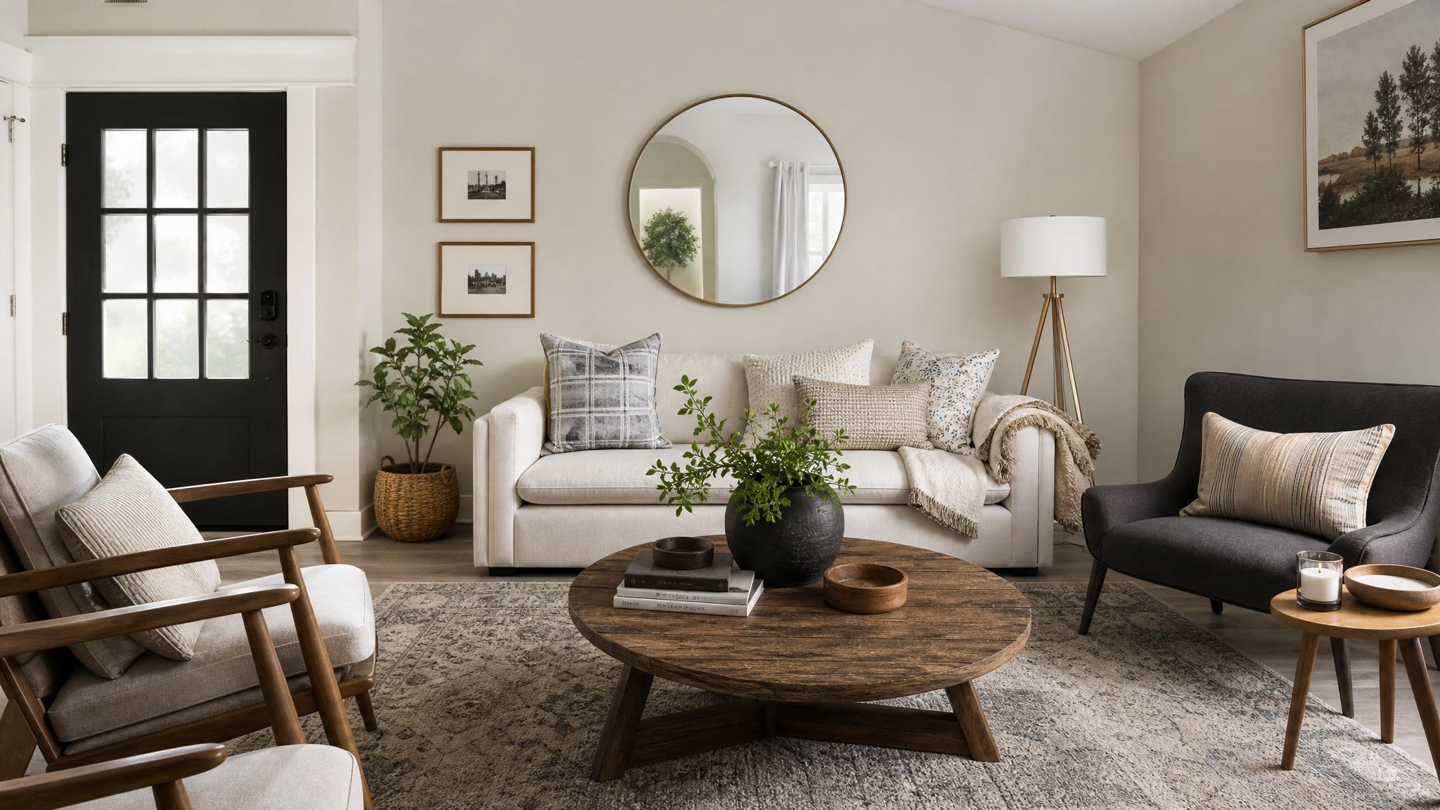 A chic small living room decorated with various textures and patterns.